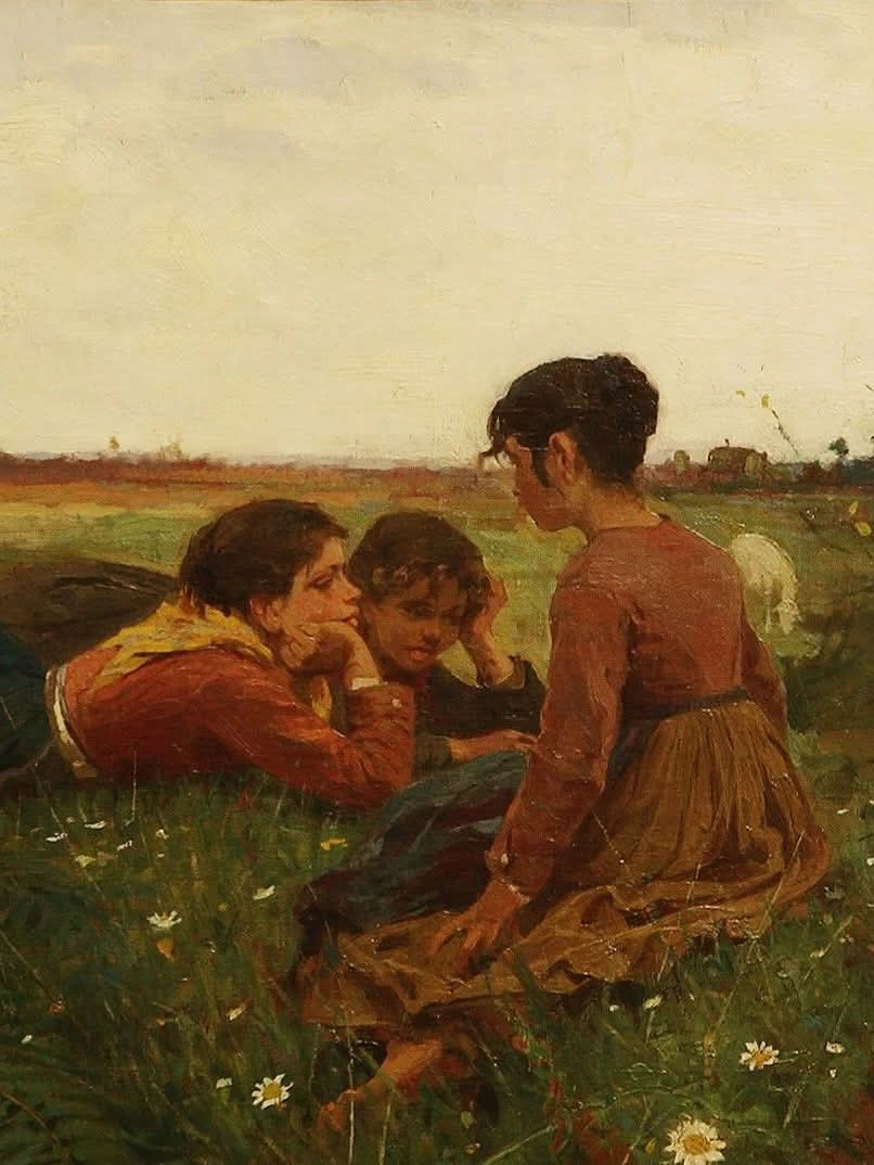 Primavera, tre fanciulle e pecore su un prato fiorito (1879) - Fondazione Cassa di Risparmio di Firenze, dettaglio